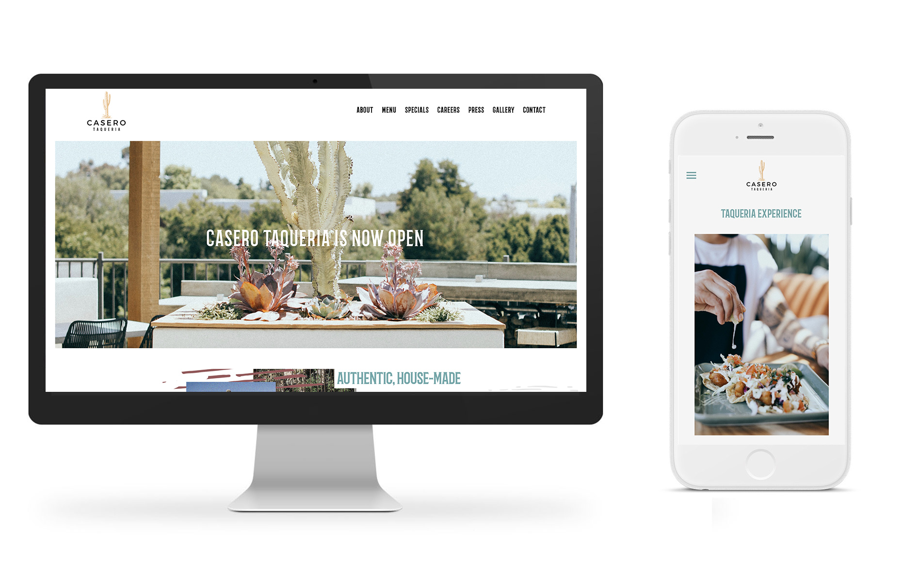 Various devices showcasing the Casero Taqueria website design.