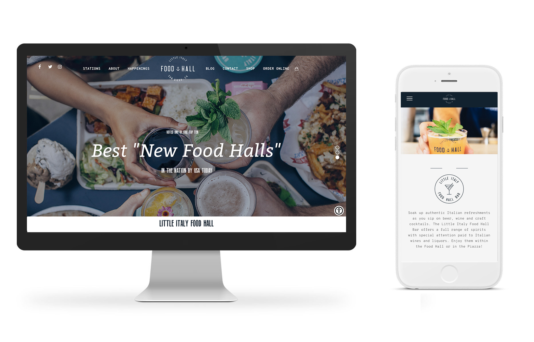 Various devices showcasing the Little Italy Food Hall website design.
